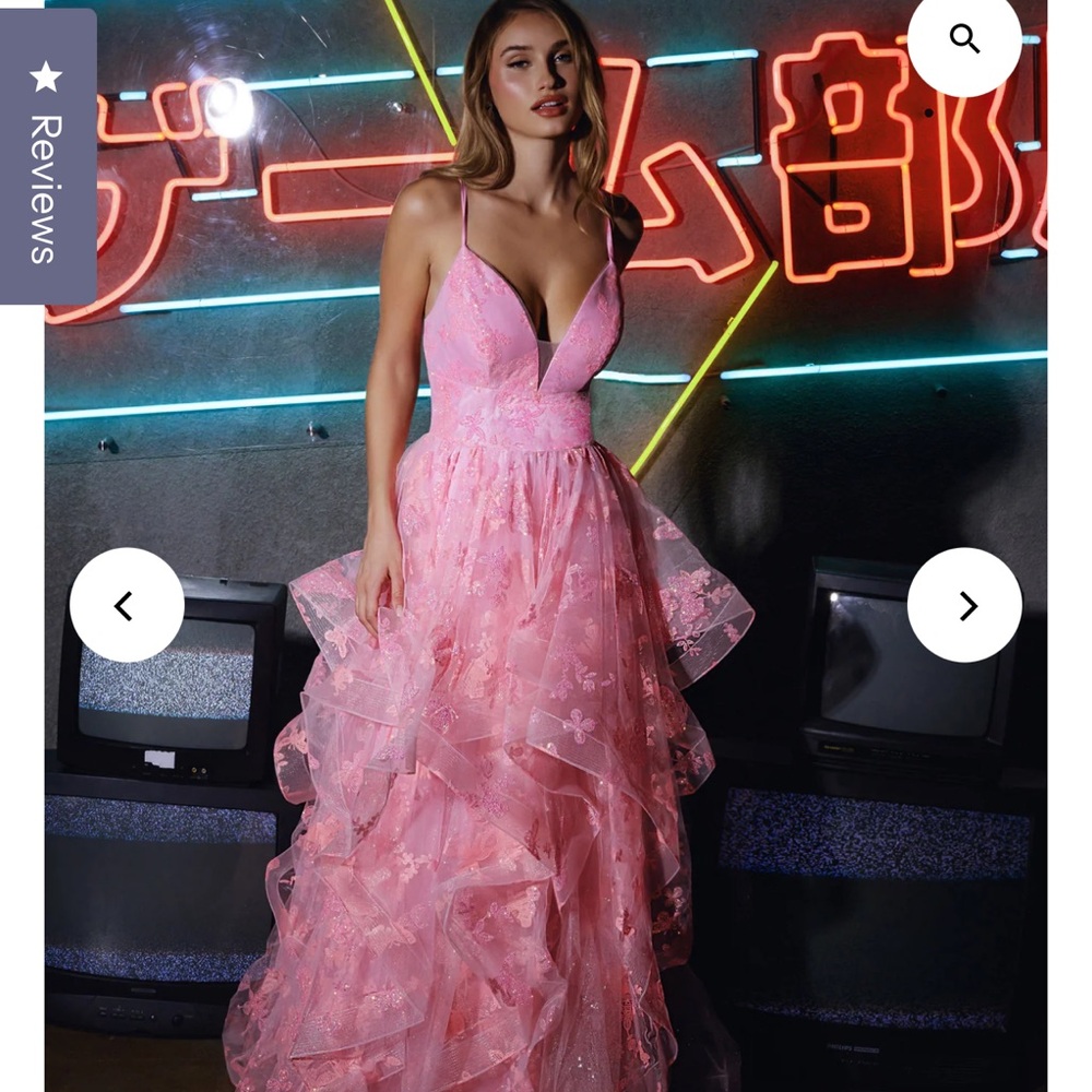 Pink Lace Ruffle Evening Gown - Women Dresses